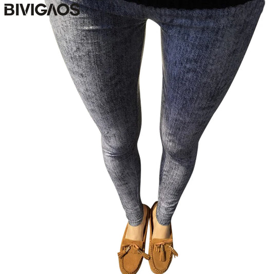 BIVIGAOS New Spring Fashion Womens High Elastic Fake Jeans Leggings Women Skinny Slim Jeggings BRUSHED Pants Women Blue Gray