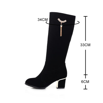 Elegant Knee High Boots Women Shoes Woman Fashion High Heels Winter Party Tassel Boots Black Red Bottine Mujer Large Size 32-43