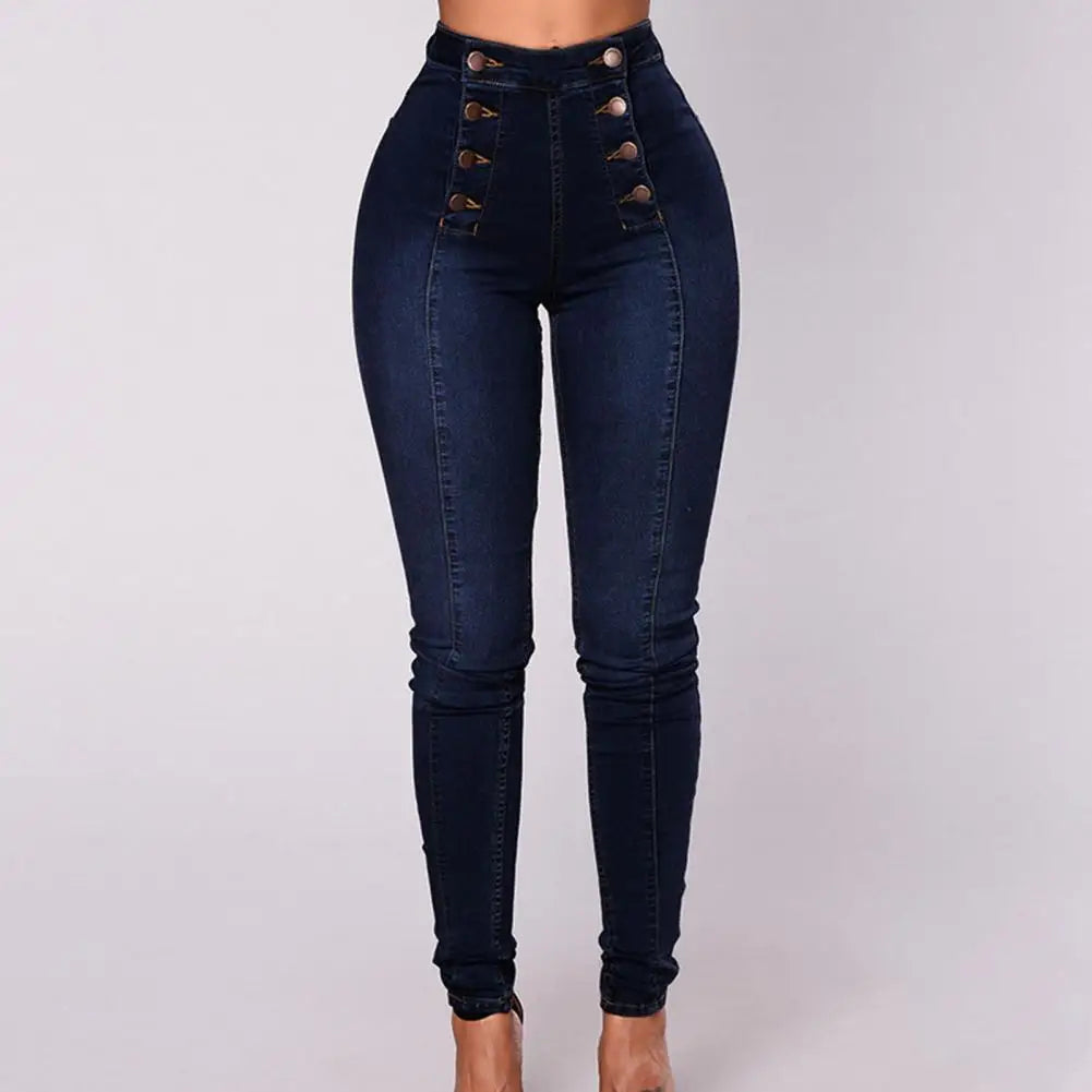 Women Elegant Vintage Stretch Bodycon Jeans Fashion Casual Double Breasted High Waist Skinny Denim Pants Trousers