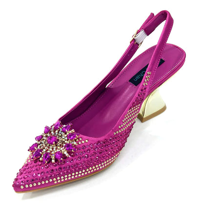 Venus Chan 2024 Summer New Design Specials Italian Women Shoes and Bag Set Fuchsia Color Comfortable High Heels With Rhinestone