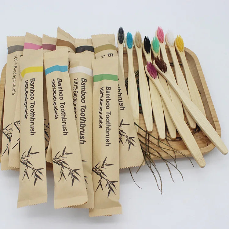 50/100Pcs Customisable Logo Bristle Bamboo Toothbrush Eco Friendly Wood Tooth Brushes Traveling Teeth Care Tools for Adults