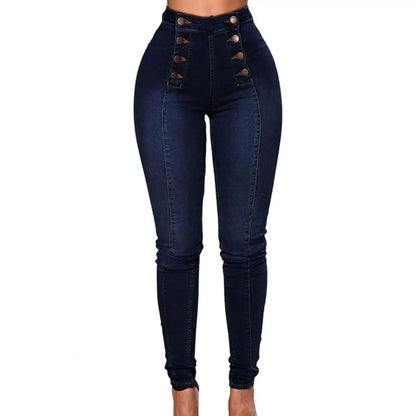 Women Elegant Vintage Stretch Bodycon Jeans Fashion Casual Double Breasted High Waist Skinny Denim Pants Trousers