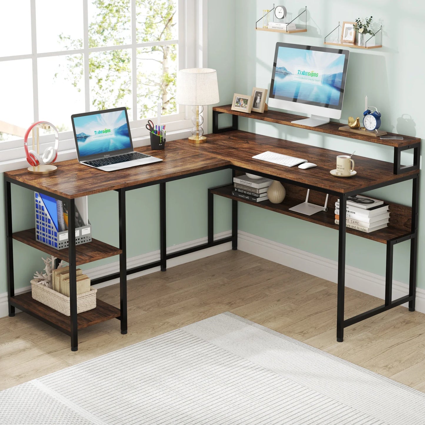 Tribesigns 59 Inch L Shaped Desk with Monitor Stand, Reversible Corner Computer Desk with Storage Shelves Rustic Brown