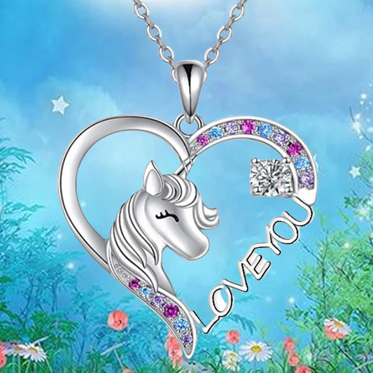 Unique Fashion Heart Unicorn Children Necklace for Women Animal Rainbow Horse Crystal Birthstone Pendant Valentines Day Gift