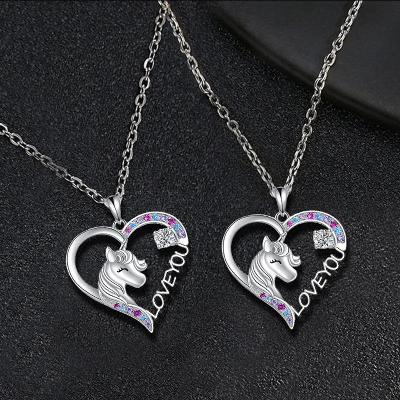 Unique Fashion Heart Unicorn Children Necklace for Women Animal Rainbow Horse Crystal Birthstone Pendant Valentines Day Gift