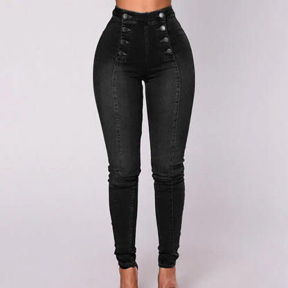 Women Elegant Vintage Stretch Bodycon Jeans Fashion Casual Double Breasted High Waist Skinny Denim Pants Trousers