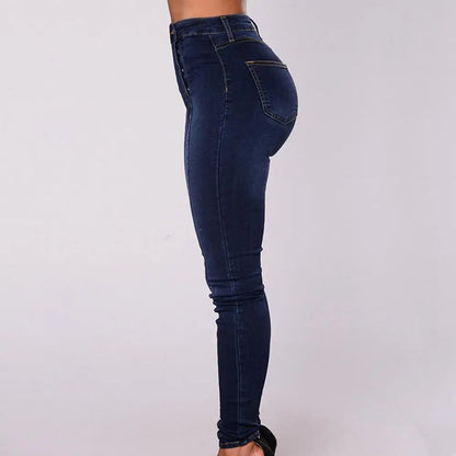 Women Elegant Vintage Stretch Bodycon Jeans Fashion Casual Double Breasted High Waist Skinny Denim Pants Trousers