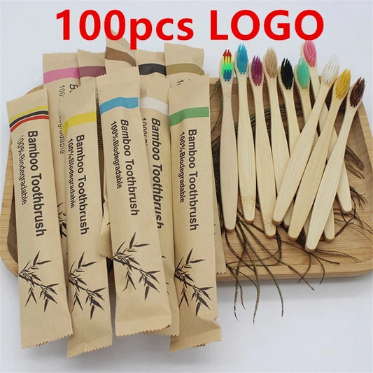 50/100Pcs Customisable Logo Bristle Bamboo Toothbrush Eco Friendly Wood Tooth Brushes Traveling Teeth Care Tools for Adults