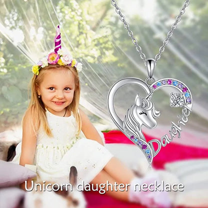 Unique Fashion Heart Unicorn Children Necklace for Women Animal Rainbow Horse Crystal Birthstone Pendant Valentines Day Gift