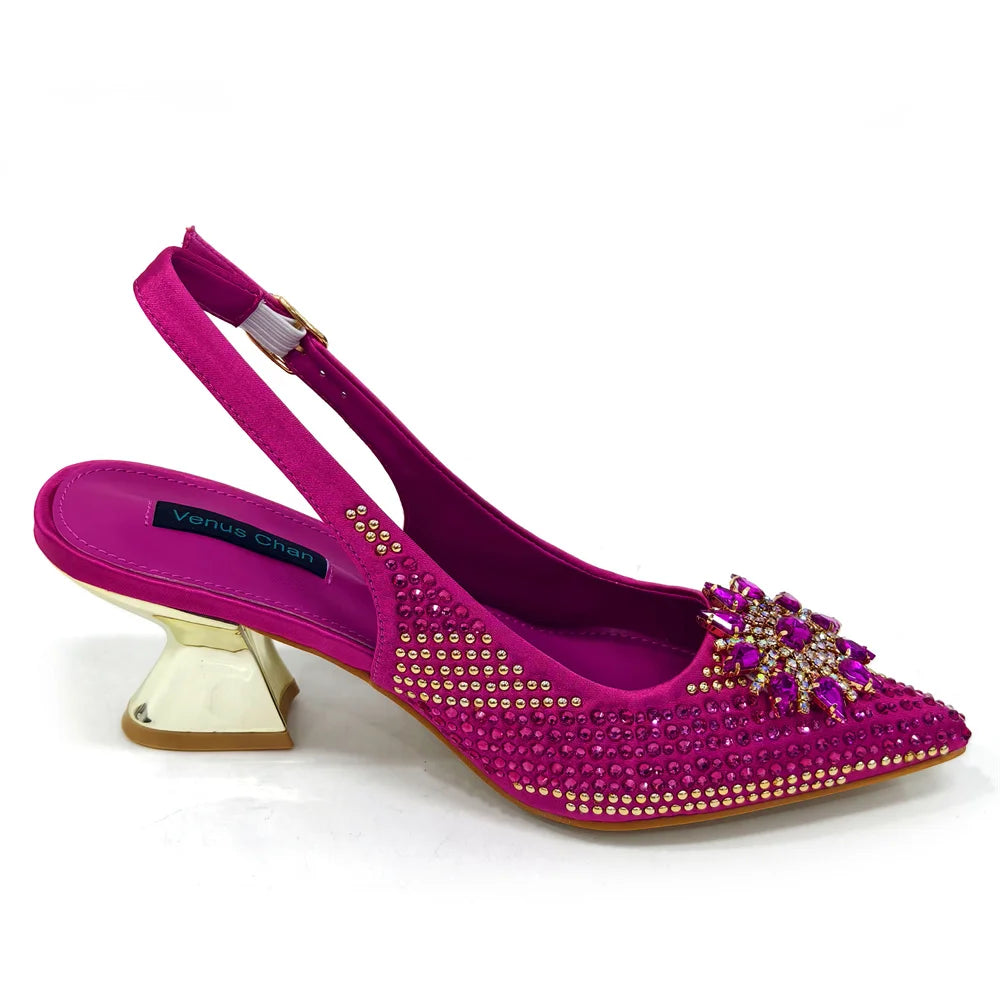 Venus Chan 2024 Summer New Design Specials Italian Women Shoes and Bag Set Fuchsia Color Comfortable High Heels With Rhinestone