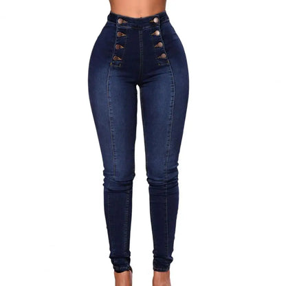 Women Elegant Vintage Stretch Bodycon Jeans Fashion Casual Double Breasted High Waist Skinny Denim Pants Trousers