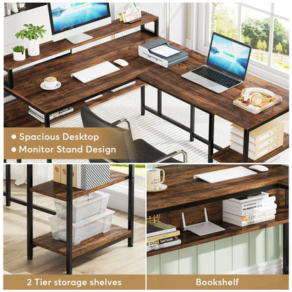 Tribesigns 59 Inch L Shaped Desk with Monitor Stand, Reversible Corner Computer Desk with Storage Shelves Rustic Brown