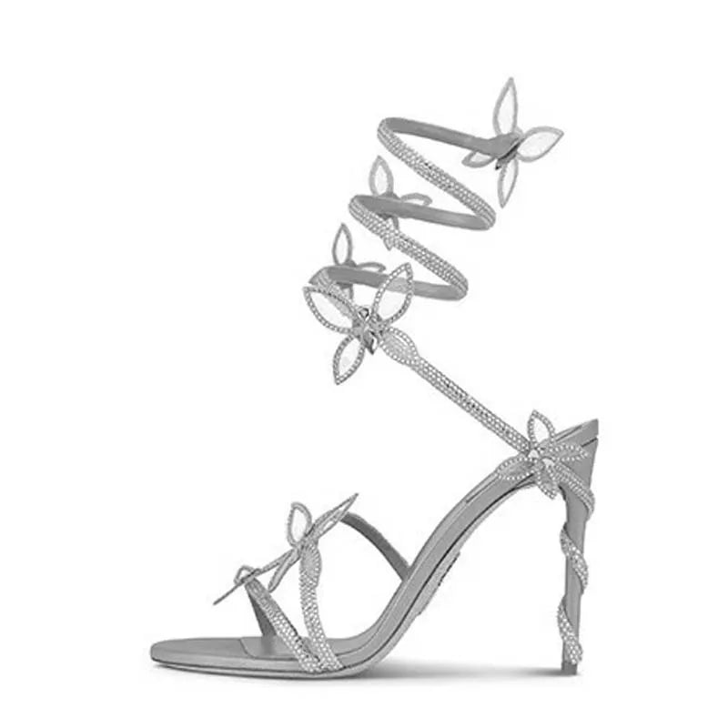 Eilyken Sexy Crystal Butterfly-knot Ankle Strap  Woman Sandals Fashion Open Toe Stiletto High Heels Banquet Party Pumps Shoes