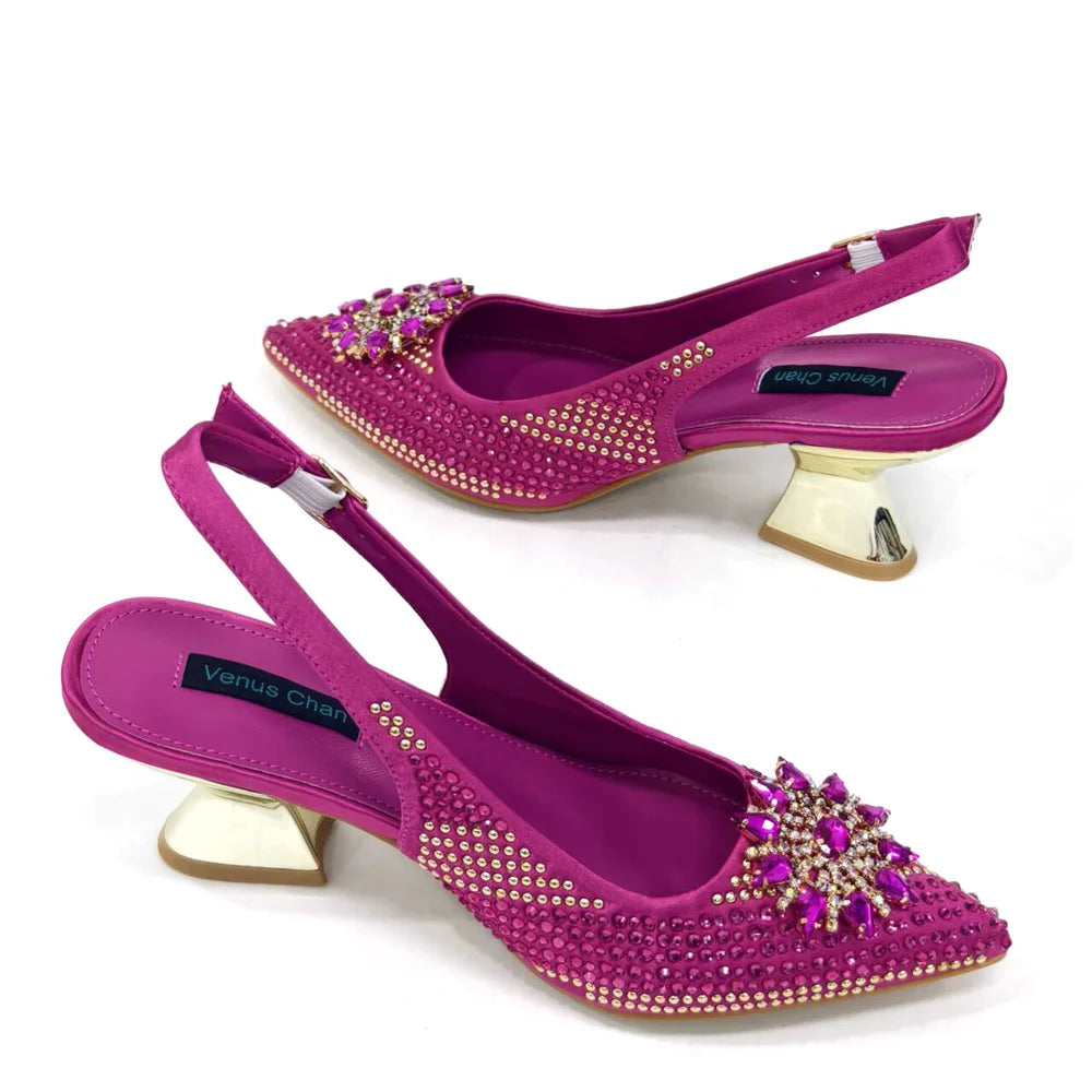 Venus Chan 2024 Summer New Design Specials Italian Women Shoes and Bag Set Fuchsia Color Comfortable High Heels With Rhinestone