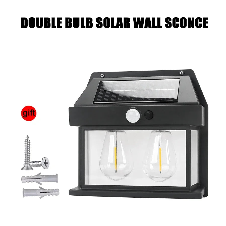 Outdoor Solar Wall Light Dual Bulb Motion Sensor Light Waterproof Solar Porch Light Strip 3 Modes For Courtyard Garage Garden