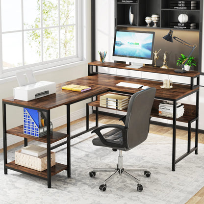 Tribesigns 59 Inch L Shaped Desk with Monitor Stand, Reversible Corner Computer Desk with Storage Shelves Rustic Brown