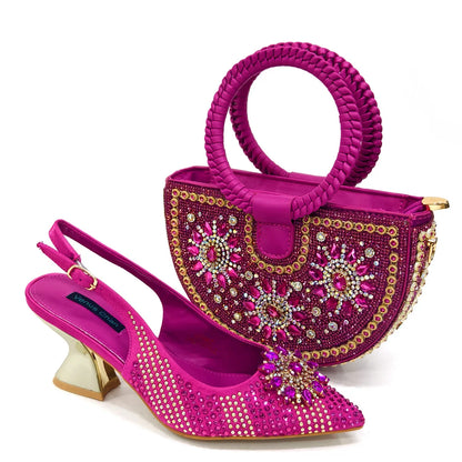 Venus Chan 2024 Summer New Design Specials Italian Women Shoes and Bag Set Fuchsia Color Comfortable High Heels With Rhinestone