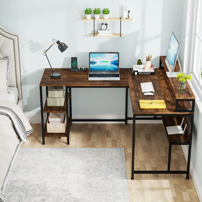 Tribesigns 59 Inch L Shaped Desk with Monitor Stand, Reversible Corner Computer Desk with Storage Shelves Rustic Brown