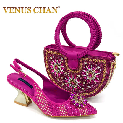 Venus Chan 2024 Summer New Design Specials Italian Women Shoes and Bag Set Fuchsia Color Comfortable High Heels With Rhinestone