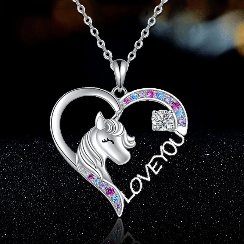 Unique Fashion Heart Unicorn Children Necklace for Women Animal Rainbow Horse Crystal Birthstone Pendant Valentines Day Gift